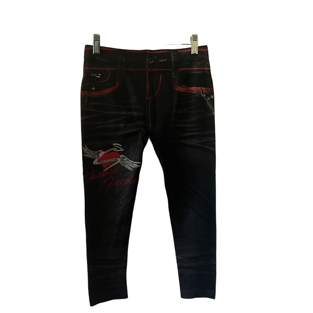 Zora Black & Red Jeans Look Knit Lightweight Leggings One Size NWT